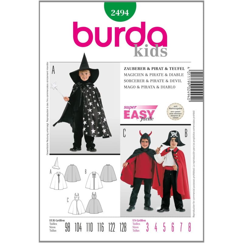 Patron de Couture Burda B2494 pour Magicien, Pirate et Diable - 19x13 cm