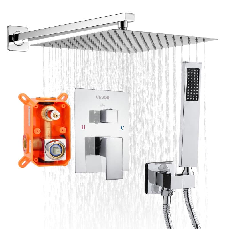 Ensemble de Douche VEVOR avec Pommeau Carré et Douchette à Main - Argent Chromé