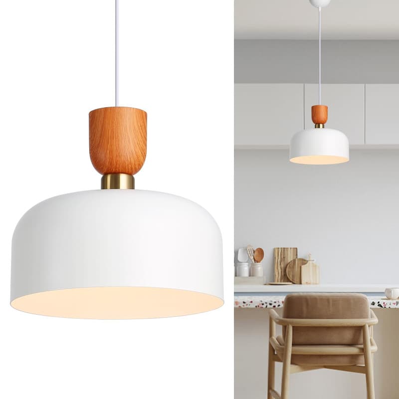 Suspension Moderne en Acier Blanc avec Abat-jour Imitation Bois et Anneau Doré