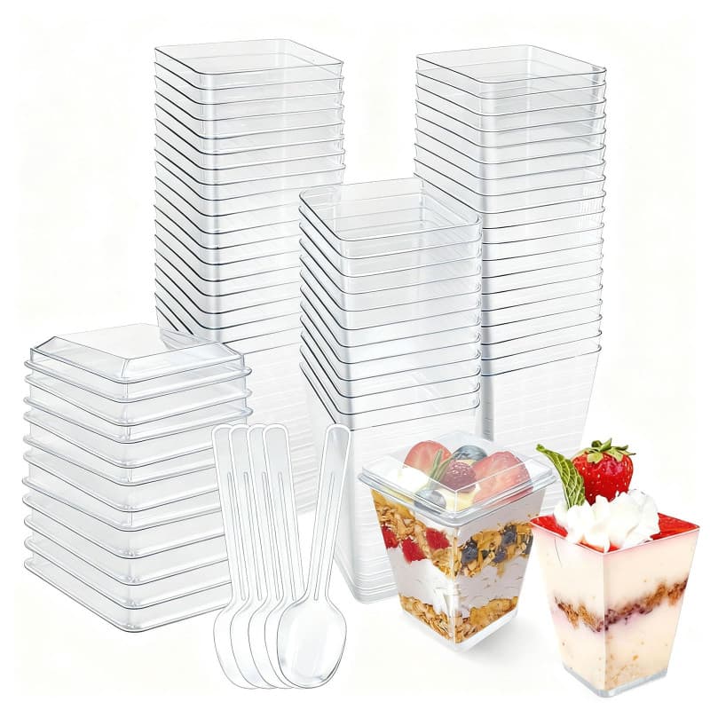 Primasage Set de 50 Gobelets Plastiques avec Couvercles et Cuillères - 160ml