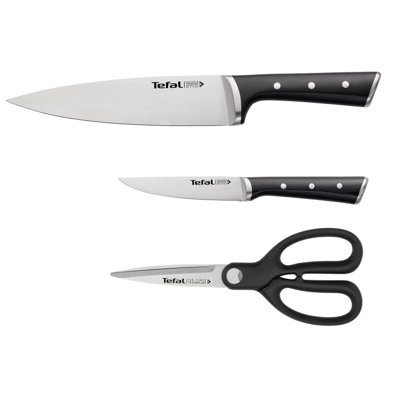 Tefal Ice Force Set de 3 Couteaux et Ciseaux de Cuisine en Acier Inoxydable