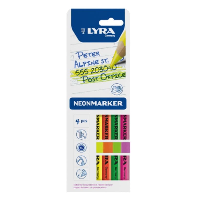 Lot de 4 marqueurs fluo LYRA en bois - Couleurs vives assorties