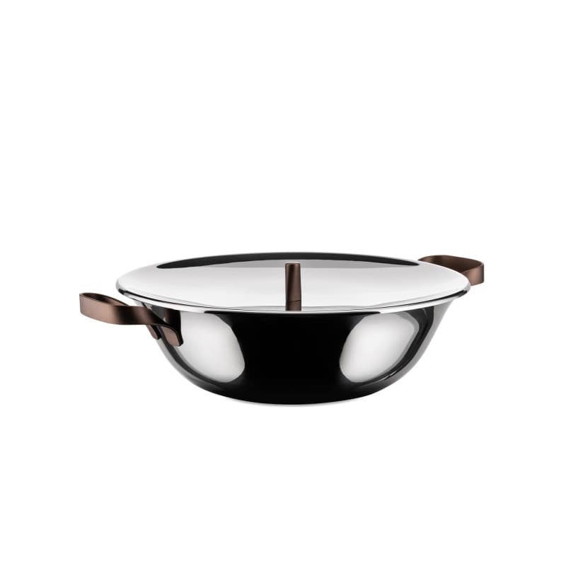 Wok en Trilaminé Alessi avec Couvercle en Acier Inoxydable - Marron