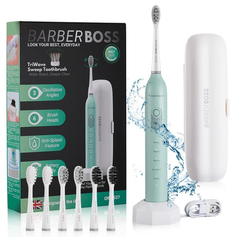 Brosse à dents électrique sonique BarberBoss avec 3 têtes de rechange - Menthe
