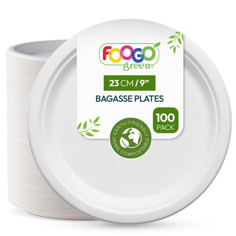 Assiettes Jetables en Bagasse FOOGO Green - 23 cm, Écologiques et Résistantes