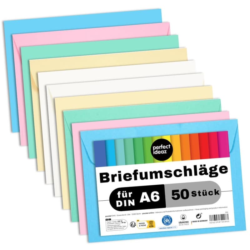 Enveloppes DIN-C6 sans fenêtre en papier recyclé - 50 pièces multicolores