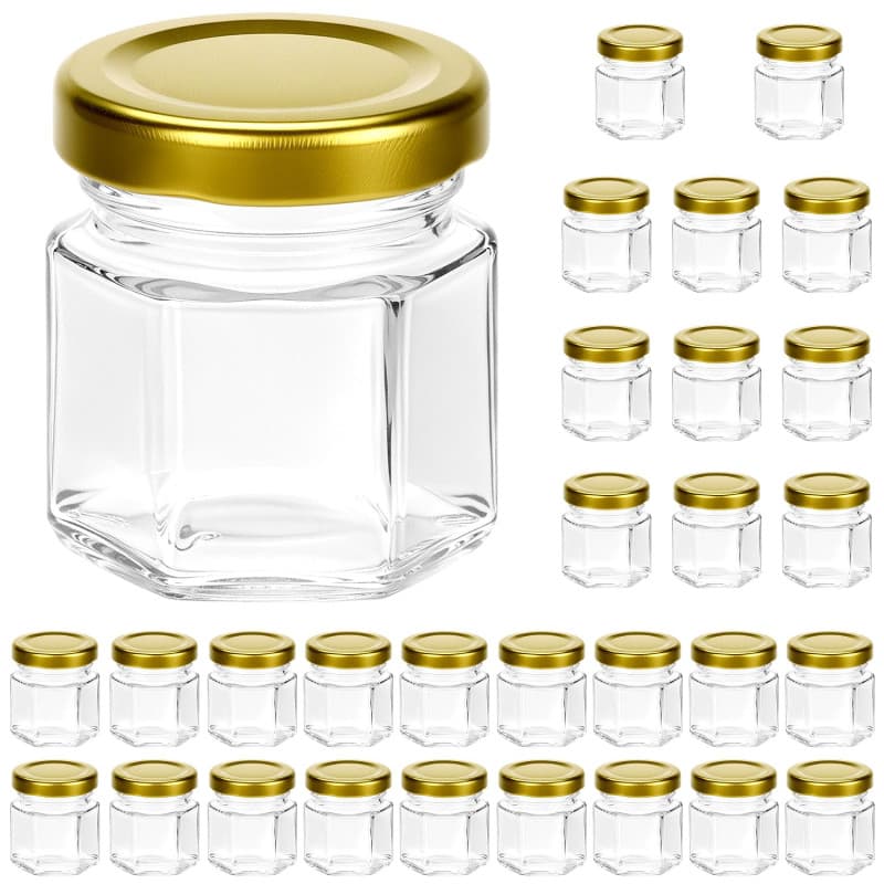 Lot de 30 mini pots hexagonaux en verre avec couvercles dorés - 45 ml