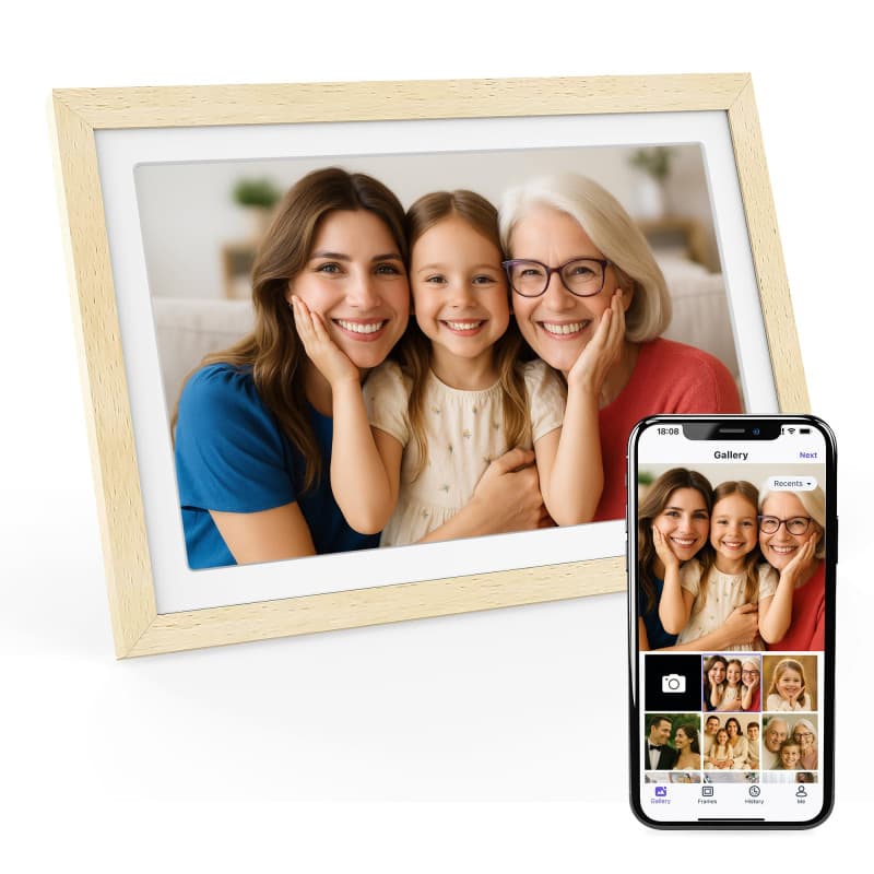 Xoro Cadre Photo Numérique WiFi 10,1" Full HD 1080p en Bois de Hêtre