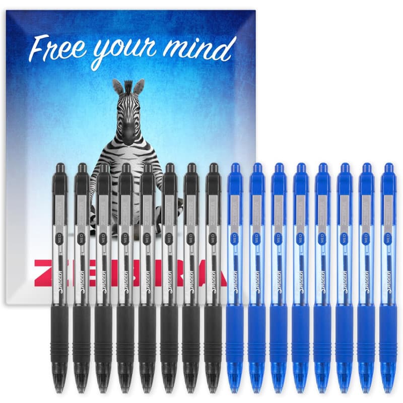 Lot de 16 Stylos à Bille Rétractables Zebra Z-Grip - Noir et Bleu