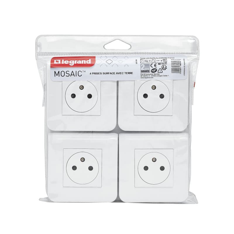 Prise Électrique Murale Legrand Mosaic - Lot de 4 avec Terre - Blanc