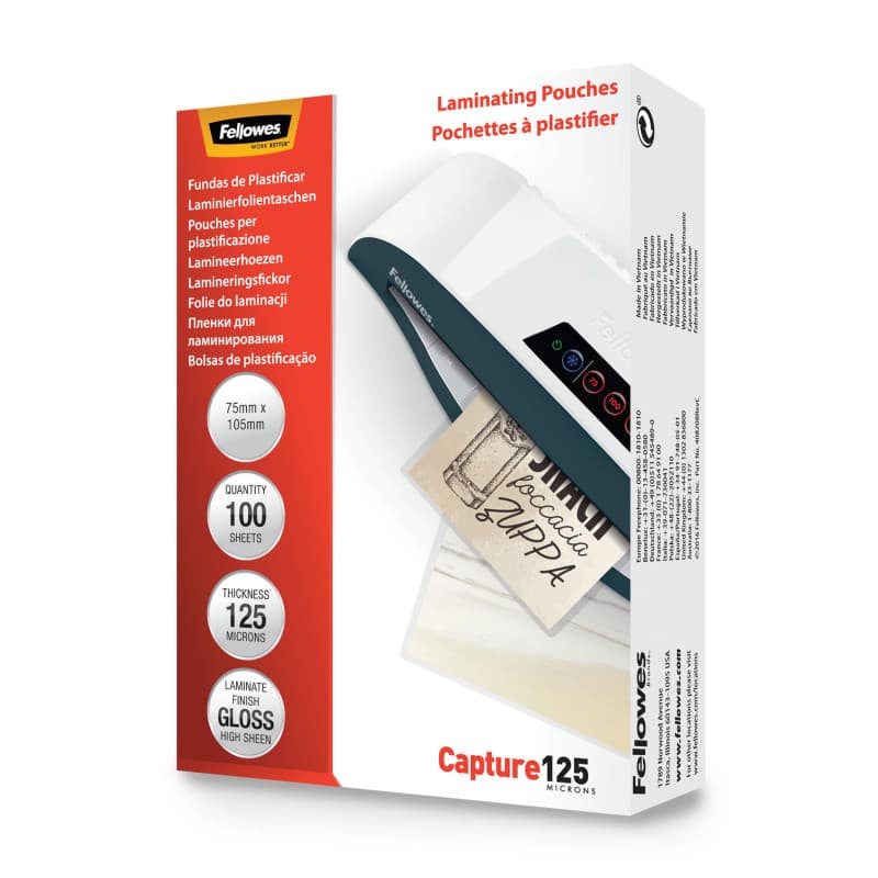 Pochettes de Plastification Brillantes Fellowes 125 Microns 75x105 mm - Lot de 100