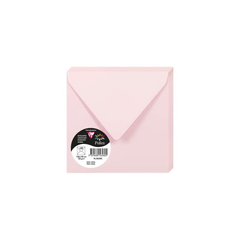 Enveloppes Gommées Clairefontaine Pollen - Paquet de 20 - Format Carré Rose 14x14cm