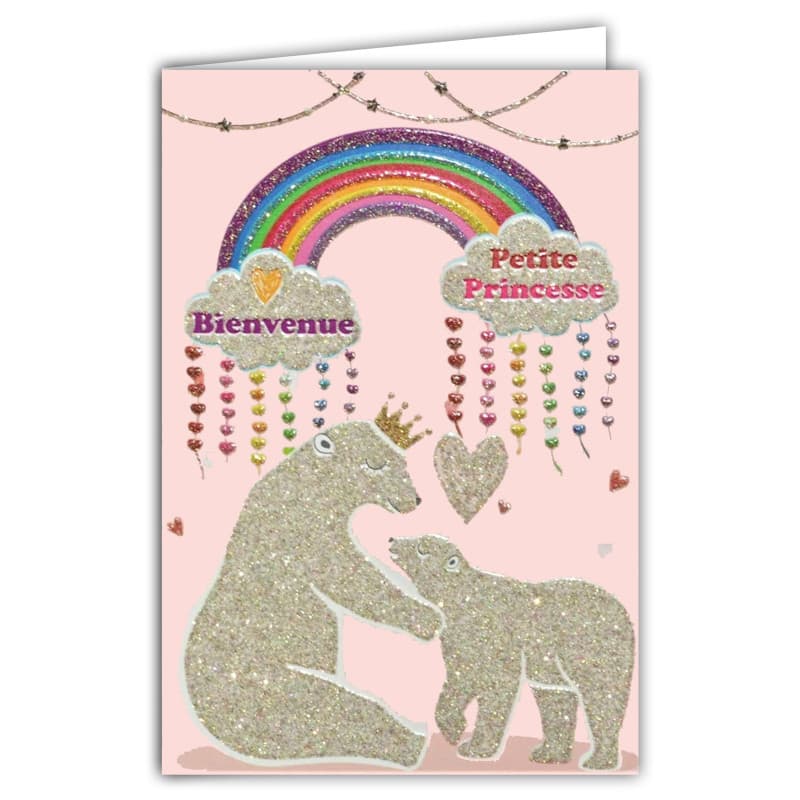 Carte Pailletée Bienvenue Petite Princesse - Rose pour Bébé Fille