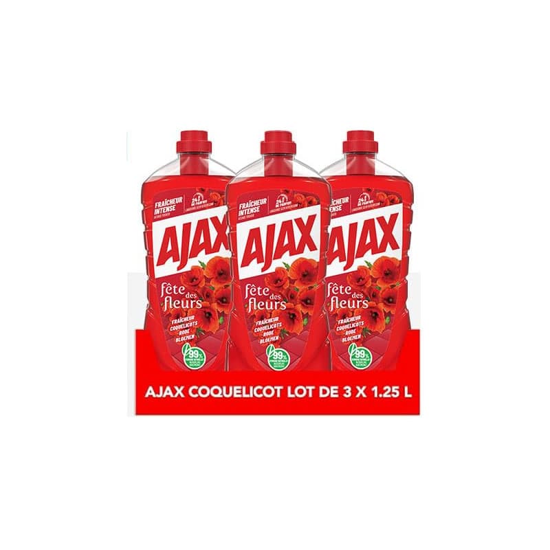 Ajax Nettoyant Ménager Fête des Fleurs Coquelicot - Lot de 3 Flacons 1,25L