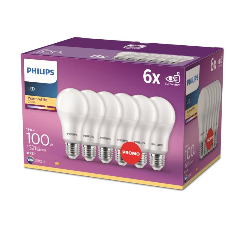 Pack de 6 Ampoules LED Philips E27 Blanc Chaud 100W Économie d'Énergie