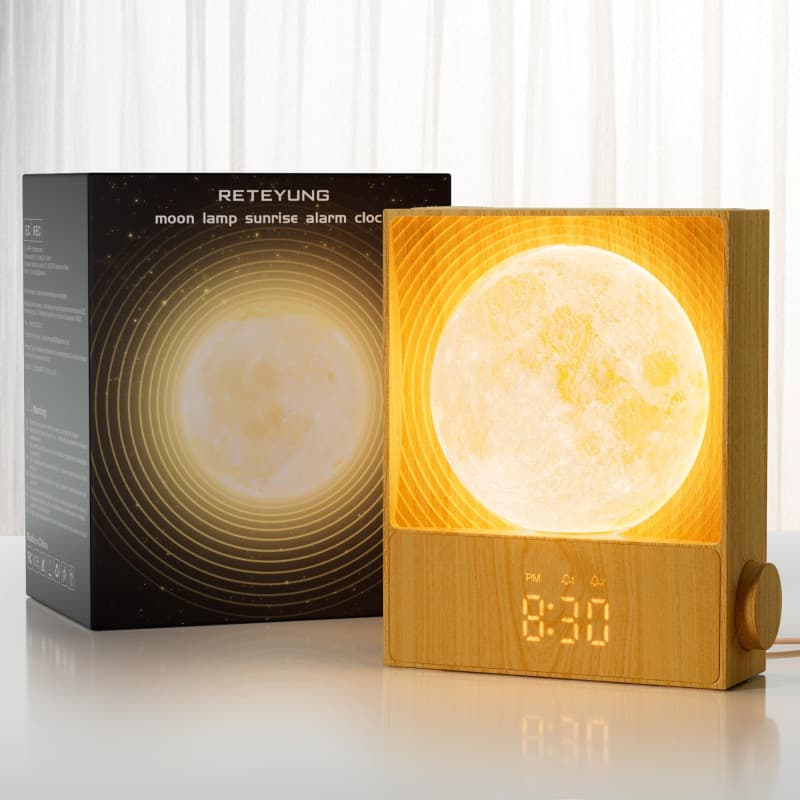 Réveil Simulateur d'Aube RETEYUNG avec Lampe Lunaire Rotative - 15 Sonneries et Veilleuse Multicolore
