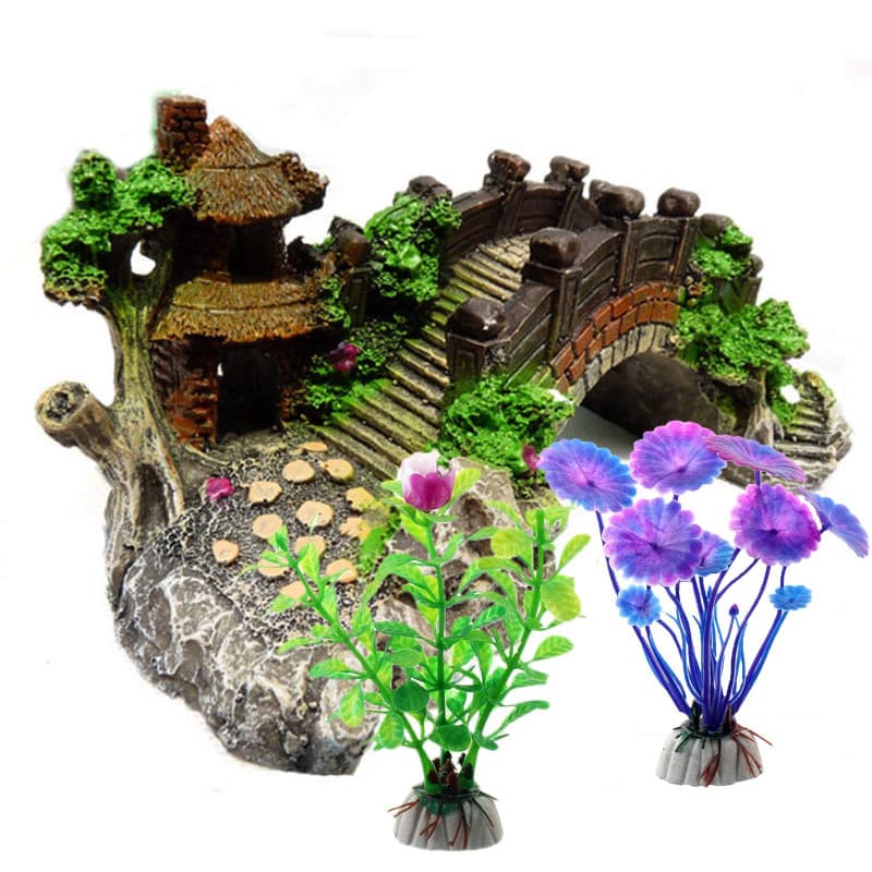 Décoration d'Aquarium ODOOKON avec Plantes Artificielles et Pont Coloré