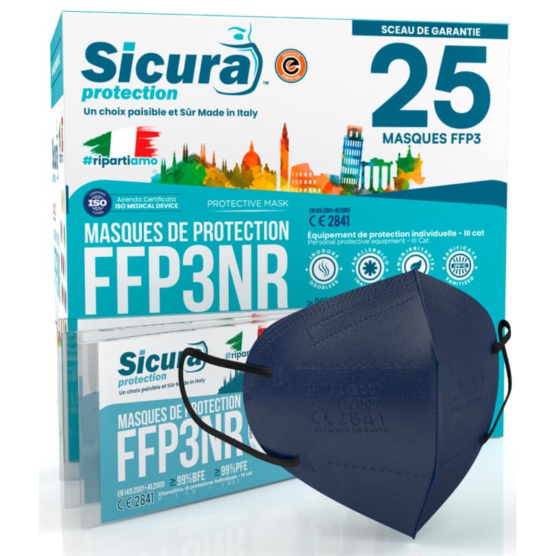 Masques FFP3 Bleus Élastiques - 25 Pièces Certifiés CE Fabriqués en Italie