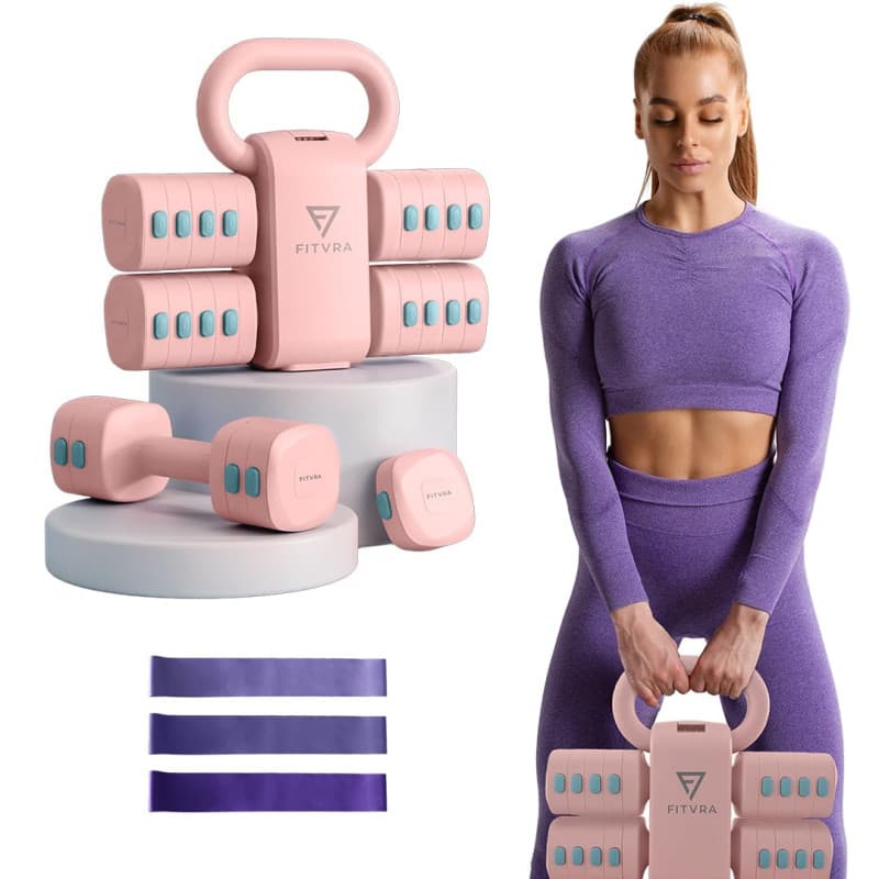 Kit Musculation 2 en 1 FITVRA : Haltères et Kettlebell Réglables Roses