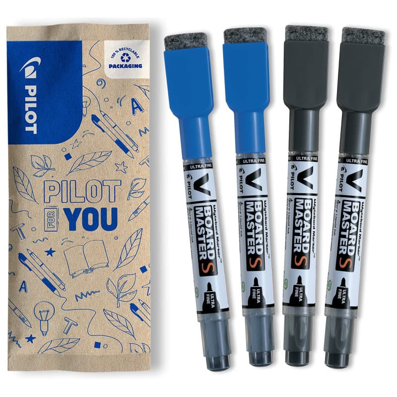 Lot de 4 Marqueurs V-Board Master S Pilot pour Tableau Blanc - 2 Bleus, 2 Noirs