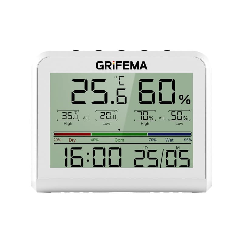 Thermomètre Hygromètre Numérique GRIFEMA avec Rétroéclairage et Horloge