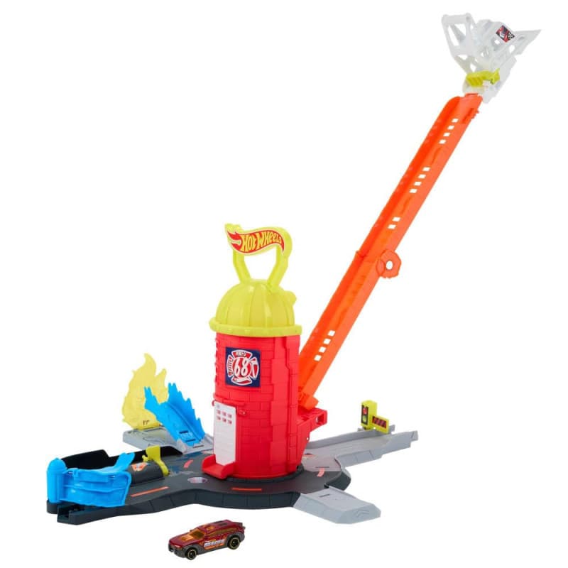 Coffret Caserne de Pompiers Hot Wheels avec Camion et Piste Échelle Extensible