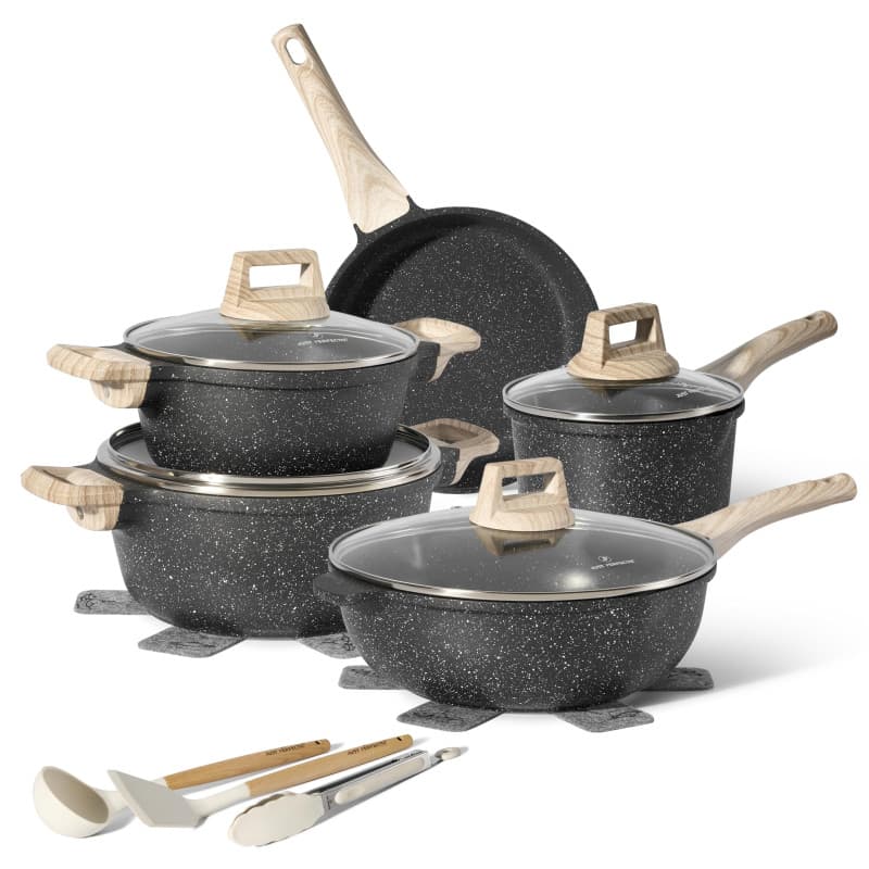 Batterie de Cuisine Antiadhésive 18 Pièces - Poêles et Casseroles avec Manche Amovible