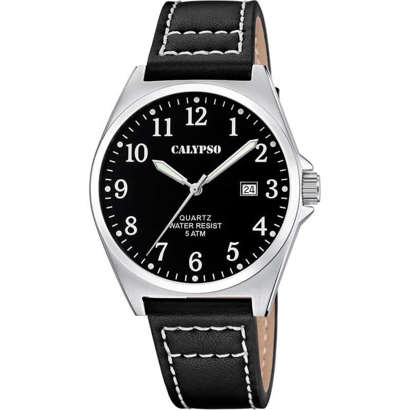 Montre Homme Calypso Élégante en Cuir Noir avec Calendrier