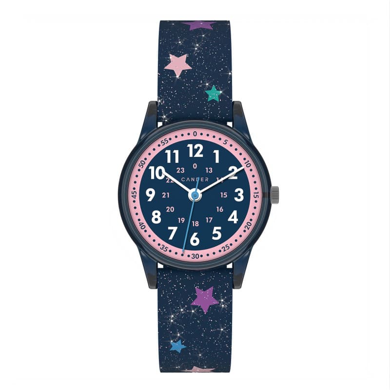 Montre d'apprentissage analogique Cander Berlin MNA 4030 Q pour fille avec paillettes et étoiles
