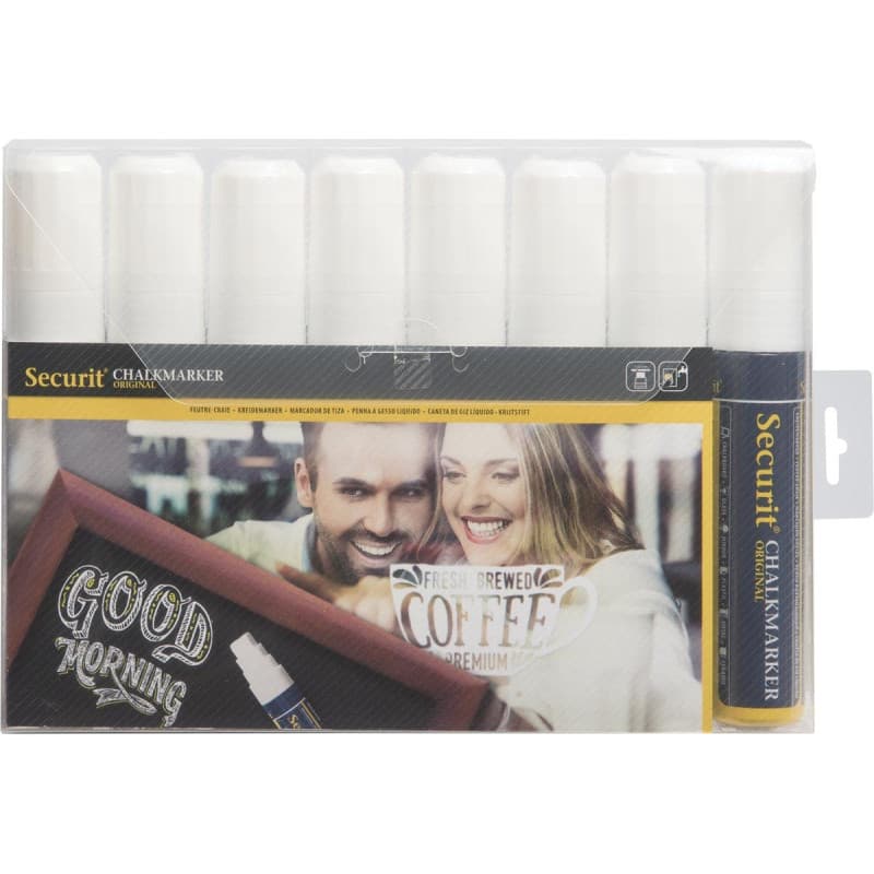 Pochette de 8 marqueurs à craie liquide Securit - Pointe biseautée 7-15 mm Blanc