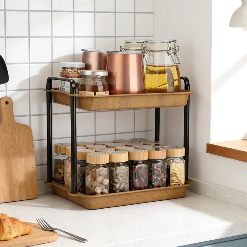 Étagère à Épices VINATO en Acier Carbone et Imitation Bois - Rangement Pratique 2 Étagères