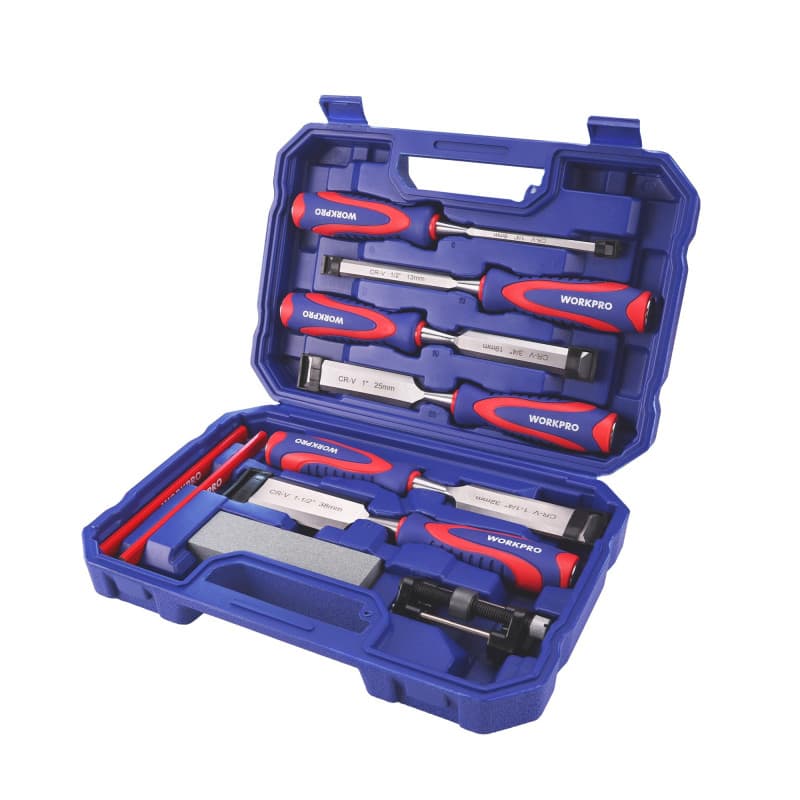 WORKPRO Coffret de 10 Ciseaux à Bois avec Guide d’Affûtage et Pierre à Aiguiser