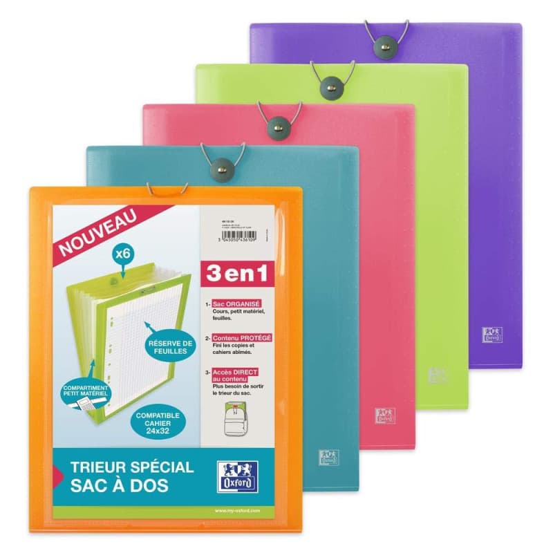 Trieur A4 Oxford School Life 6 Compartiments - Couleurs Toniques