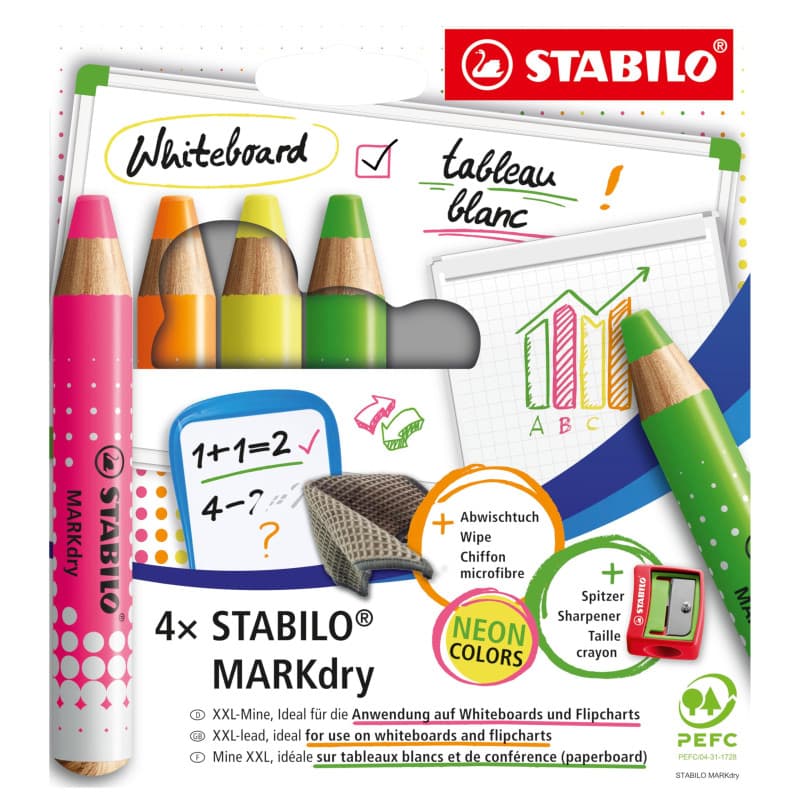 STABILO MARKdry - Lot de 4 Marqueurs Néon pour Tableau Blanc avec Accessoires