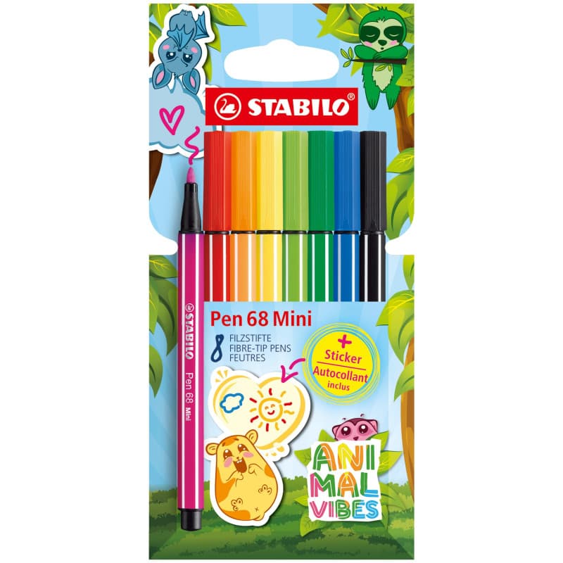 STABILO Pen 68 Mini - Set de 8 Feutres Colorés Animal Vibes avec Sticker
