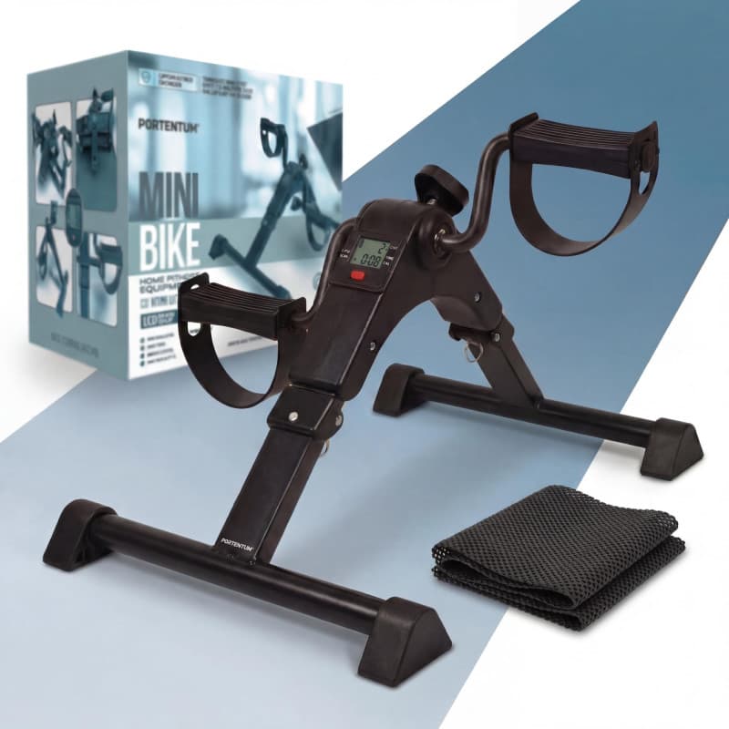 Mini Vélo d'Appartement PORTENTUM pour Seniors - Pliable avec Écran LCD et Tapis Antidérapant
