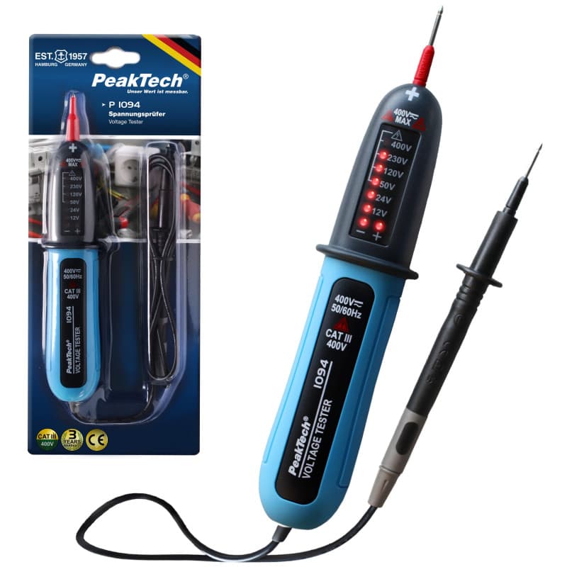 Testeur de Tension Numérique PeakTech P1094 - AC/DC 12V à 400V avec Affichage LED