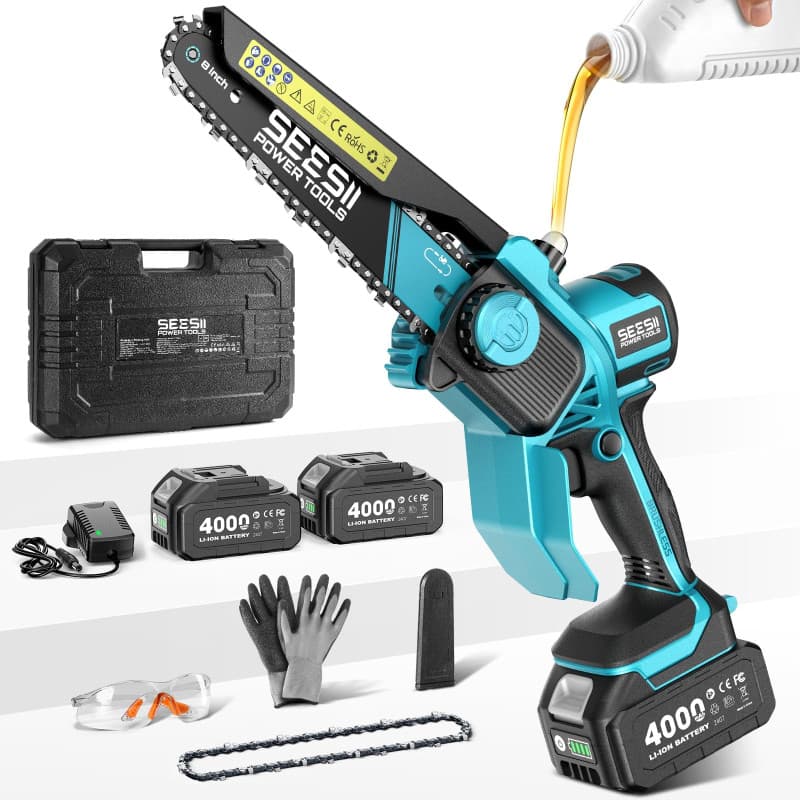 SEESII Tronçonneuse Mini Sans Fil 8 Pouces, Moteur Sans Balais Amélioré 2026, Tronçonneuse Électrique avec 2×Batteries 4000mAh,