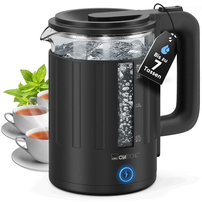 Bouilloire Électrique en Verre Clatronic WK 3837 - 1,7 L, Sans BPA, Noir
