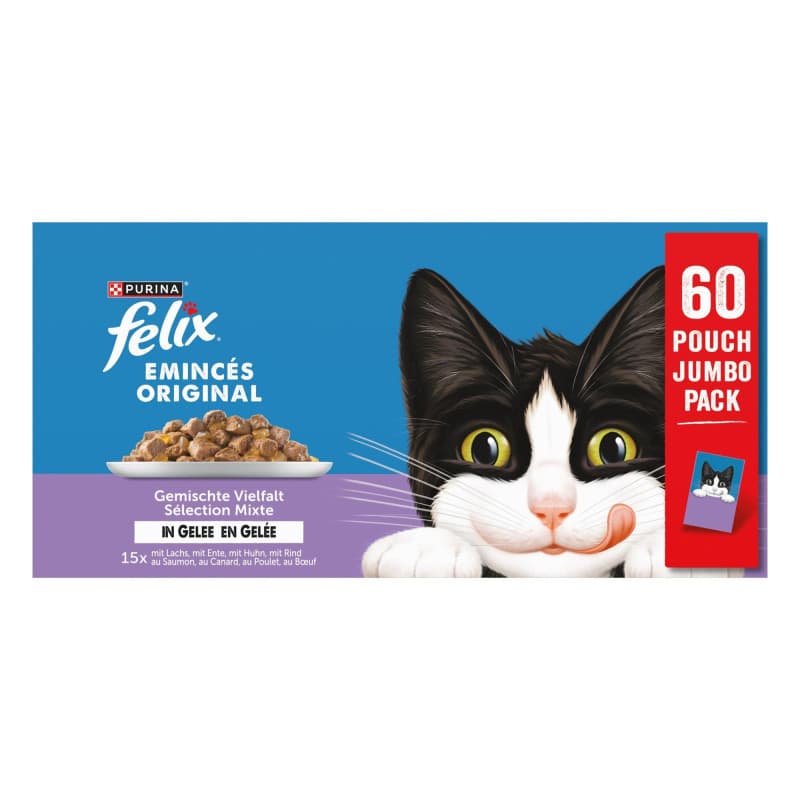 FELIX Émincés en Gelée pour Chats Adultes - Recette Savoureuse au Bœuf, Poulet, Canard et Saumon - Sachets Fraîcheurs 60 x 85g