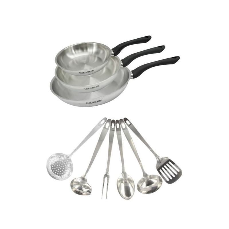 Set de 3 poêles en inox avec 6 ustensiles Fackelmann Geneva