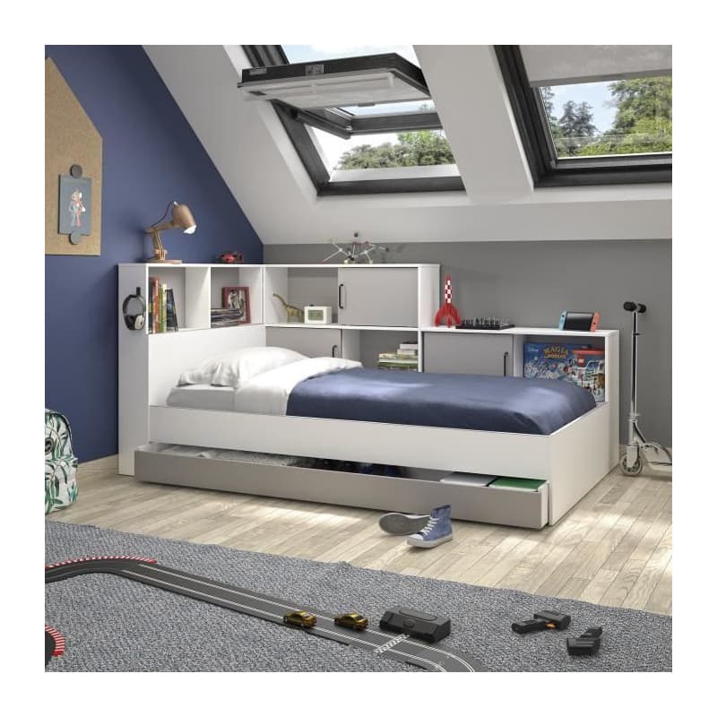 Lit enfant GAMI Erwan avec rangements - Blanc et gris - 90 x 200 cm