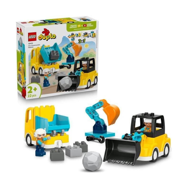 LEGO DUPLO Ma Ville 10475 - Véhicules de Chantier 3-en-1 pour Petits Constructeurs