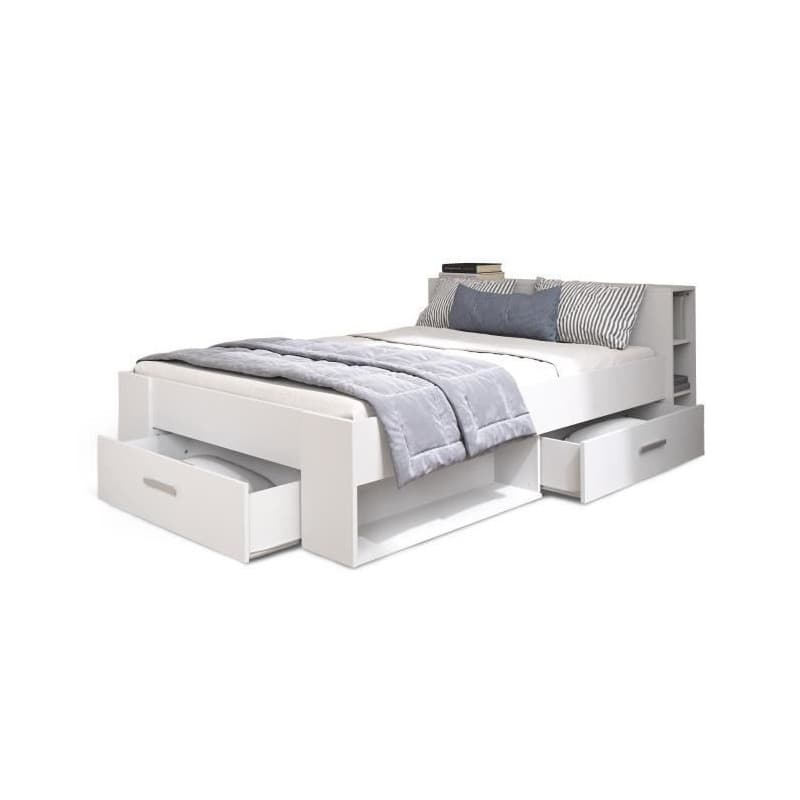 Lit Adulte Contemporain Oxygene Blanc Mat 140x190 cm avec Rangement