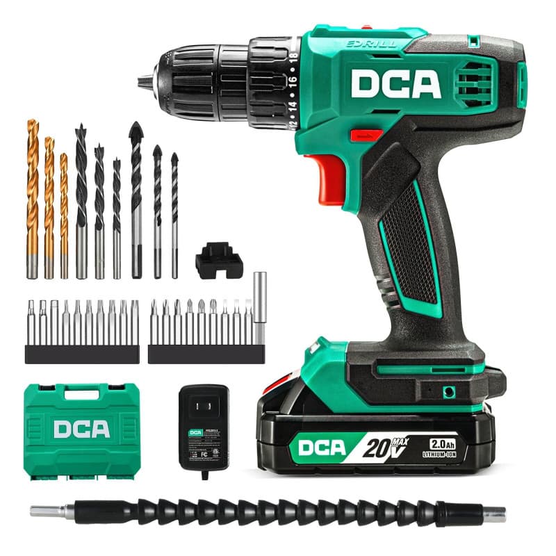 DCA Perceuse-visseuse sans fil, couple de 40 Nm, mandrin auto-serrant de 10 mm, perceuse électrique avec batterie 2,0Ah et charg