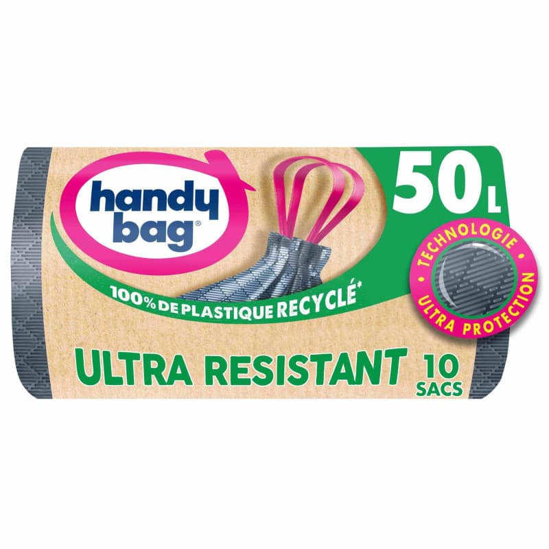 Handy Bag Sacs poubelle à poignées coulissantes Ultra Résistant & Fond anti-fuite, 100% plastique recyclé, 1 rouleau de 10 sacs