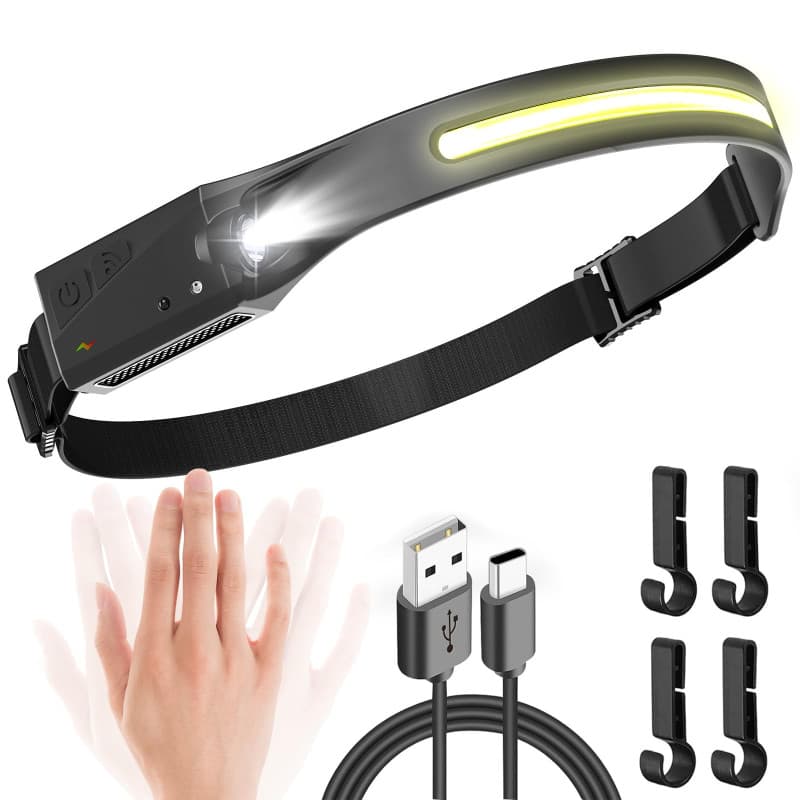 UNBON Lampe Frontale Rechargeable, Lampe Frontale LED Ultra Puissante USB C avec 5 Modes d’Éclairage, Détecteur de Mouvement, La