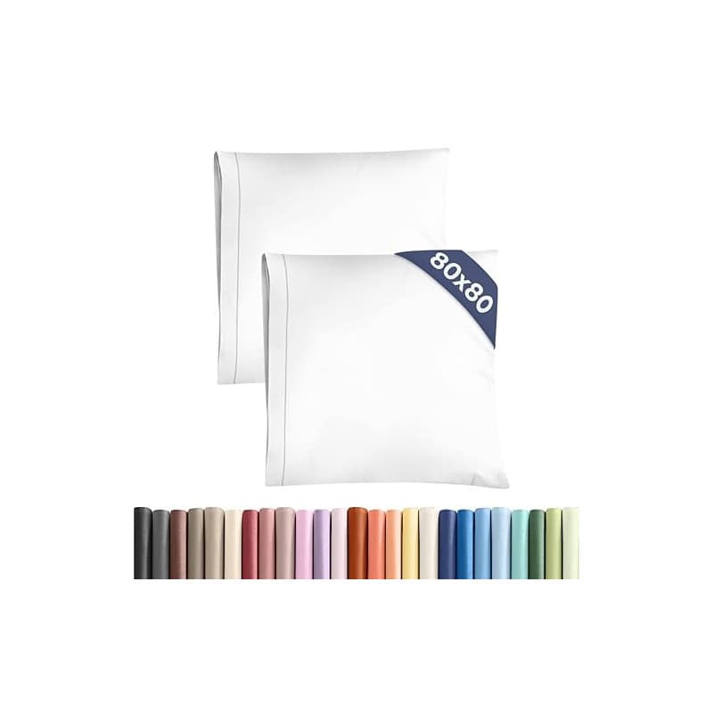 Taie d'oreiller 80x80cm - Lot de 2 Blanc - Microfibre Doublement Brossée - Fermeture Enveloppe - Ultra Douce Anti-Bouloches, Rés