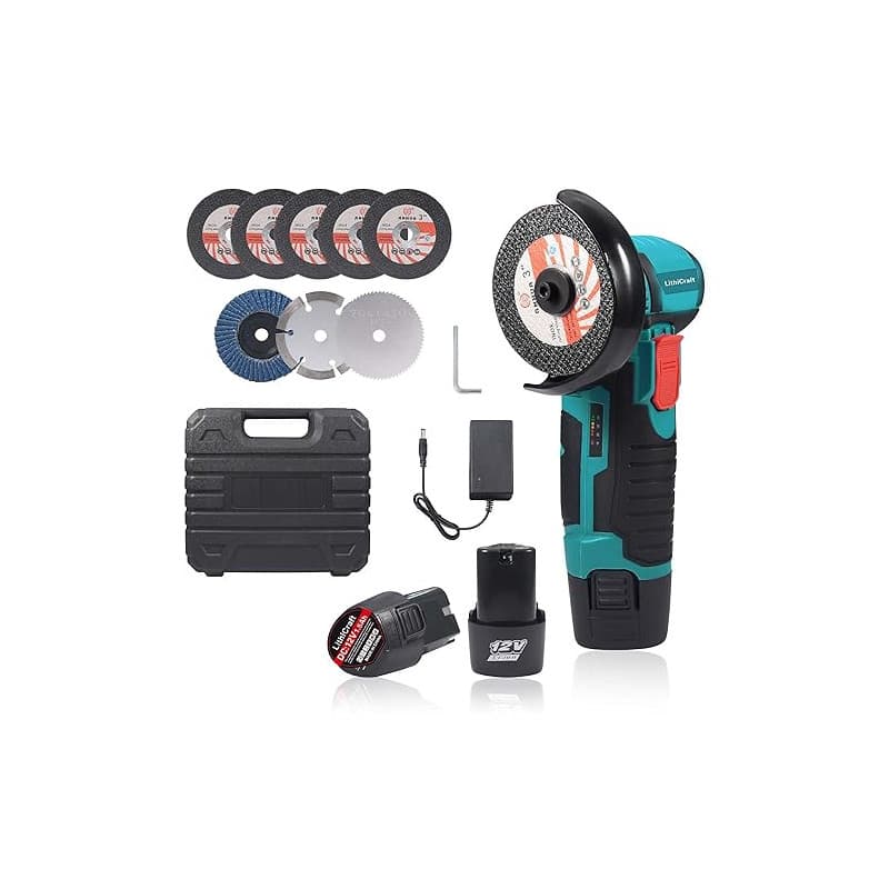 Mini Meuleuse d'Angle sans Fil 12V, 76mm Moteur Brushless 19500 tr/min, Avec 2 Batteries 1500mAh & 8 Disques, Outil de Découpe É
