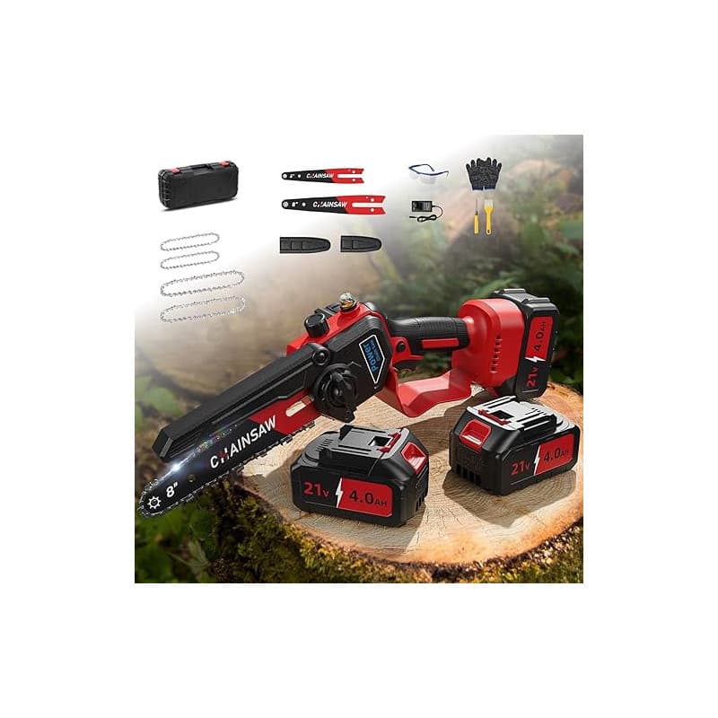 Mini Tronçonneuse à Batterie 6 et 8 Pouces, 1300W Brushless Tronconneuse Electrique Sans Fil pour Jardin, 8000mAh Tronçonneuse E